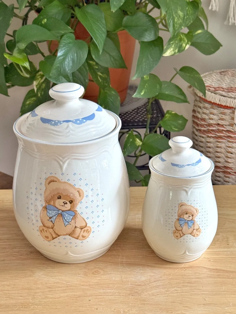 Tienshan Stoneware Vintage Country Bear Canister Set Small and Large Set of 2